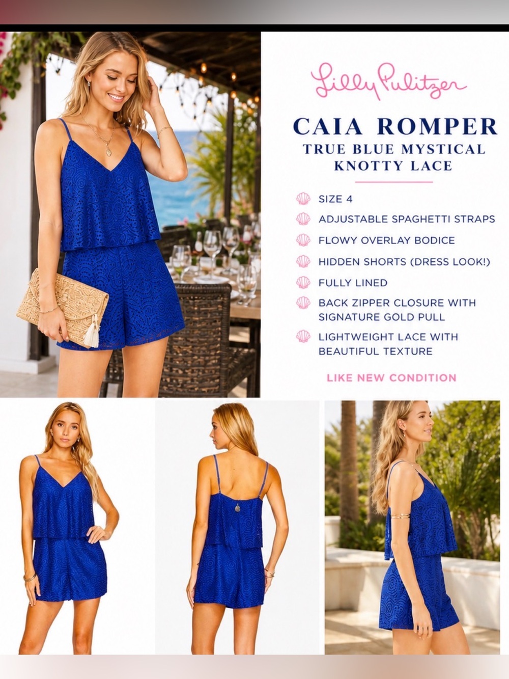 Lilly Pulitzer Caia Romper Size 4 True Blue Lace Overlay
